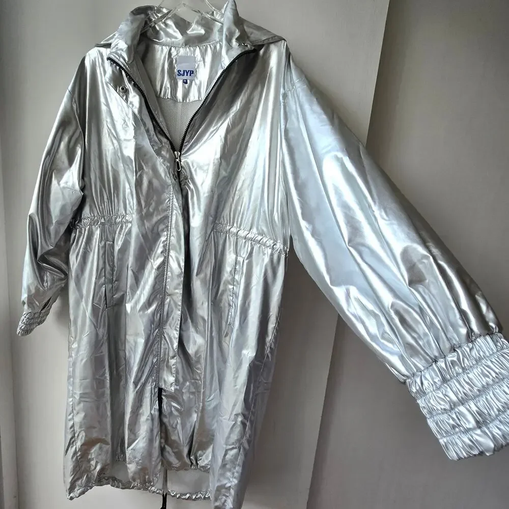 SJYP Silver Long Metallic Raincoat Hooded Womens Size Medium Korean Brand Edgy